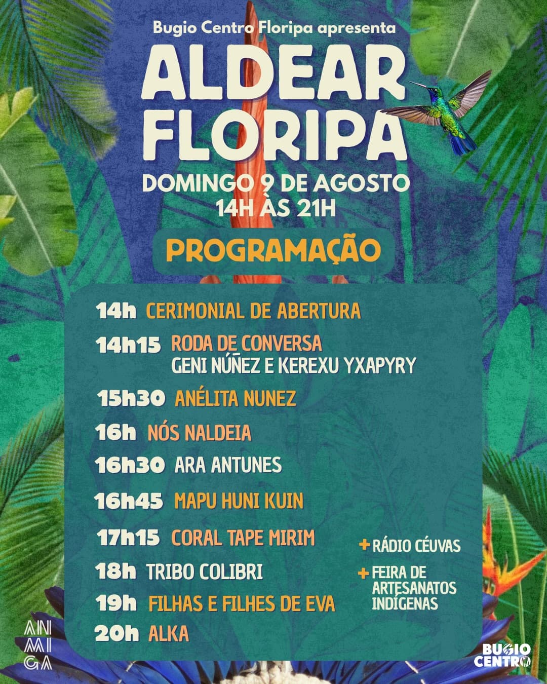 Flyer de Geni Núñez, Kerexu Yxapyry, Anélita Nunez, Nós na Aldeia, Ara Antunes, Mapu Huni Kuin, Coral Tapé Mirim, Tribo Colibri, Filhas e Filhes de Eva e Alka