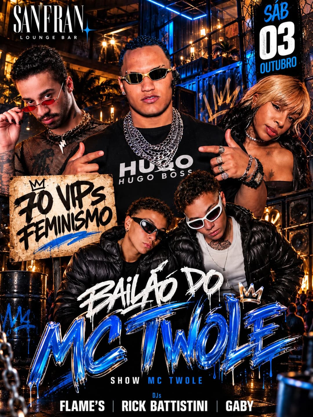 Flyer de MC Twole, Flame's, Rick Battistini e Gaby