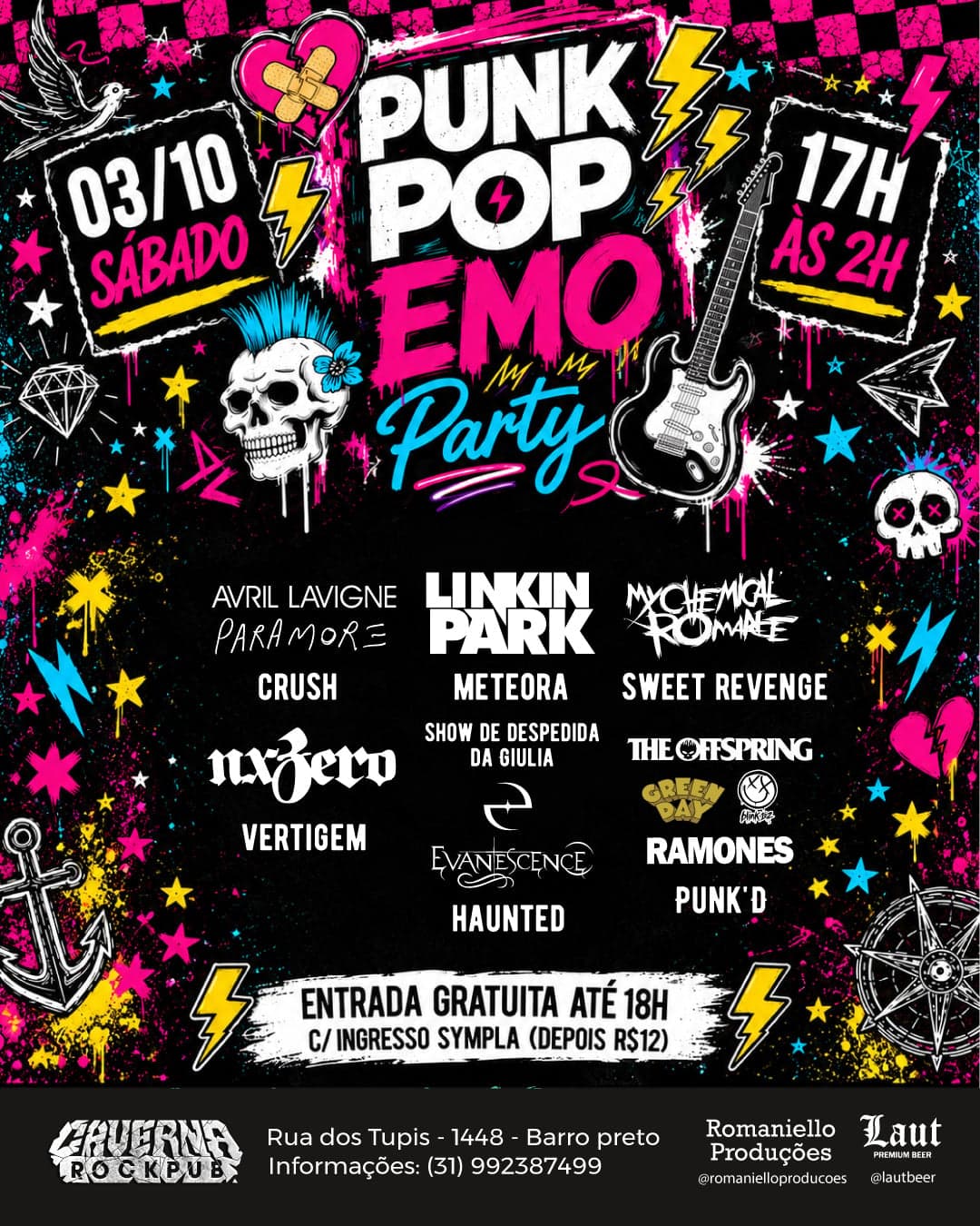 Flyer de Punk'D, Sweet Revenge, Meteora e mais 3 artistas