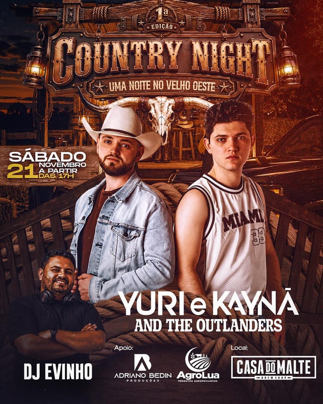 Flyer de Yuri e Kaynã, The Outlanders e DJ Evinho
