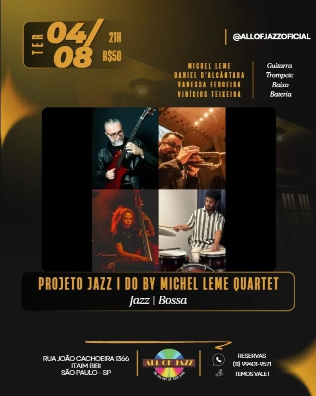 Flyer de Michel Leme, Daniel D'Alcântara e mais 3 artistas