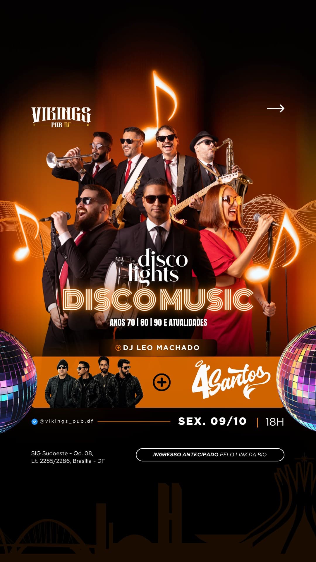 Flyer de Banda 4 Santos, Banda Disco Lights e Leo Machado