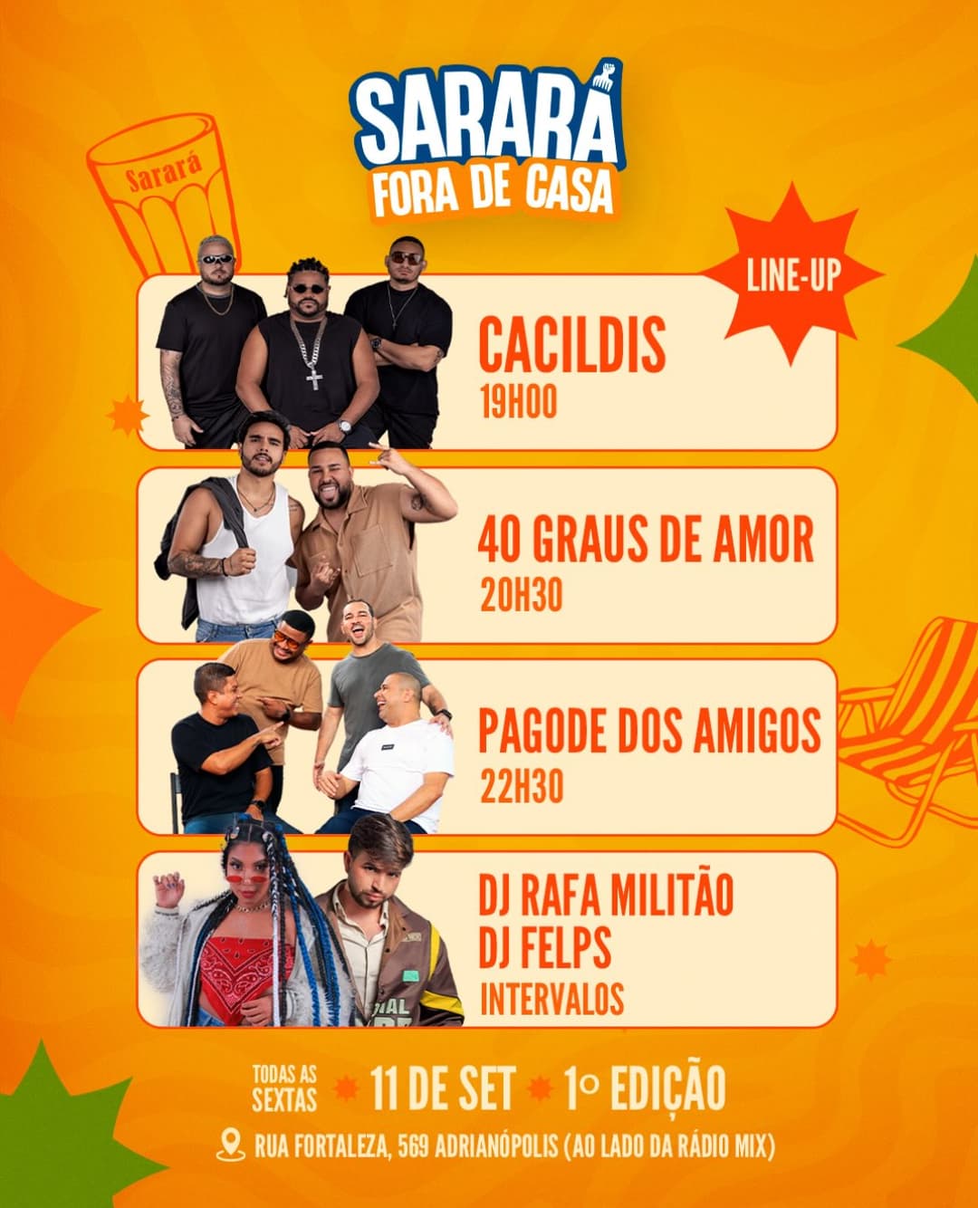 Flyer de Cacildis, 40 Graus de Amor e mais 3 artistas