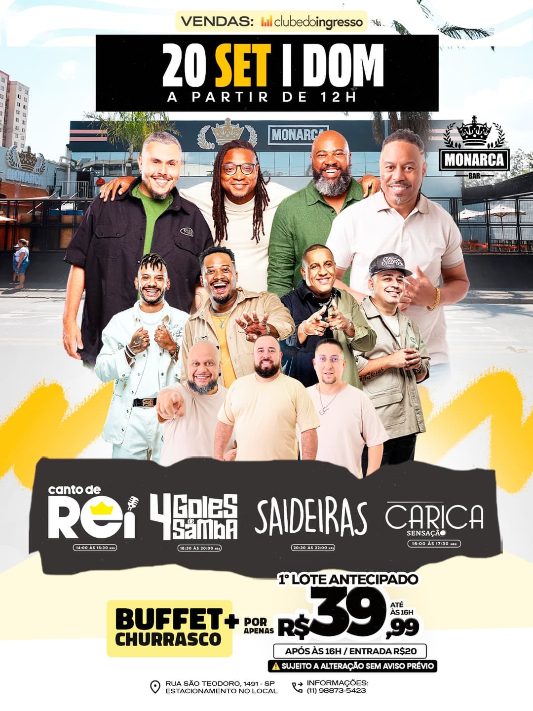Flyer de Canto de Rei, Carica Sensação, 4 Goles de Samba e Saideiras
