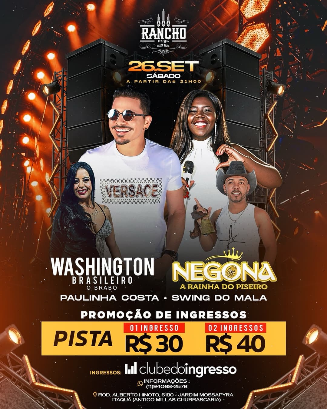 Flyer de Washington Brasileiro e Negona Rainha do Piseiro