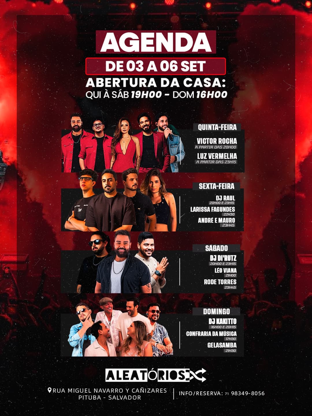 Flyer de DJ Raul, Larissa Fagundes e André e Mauro
