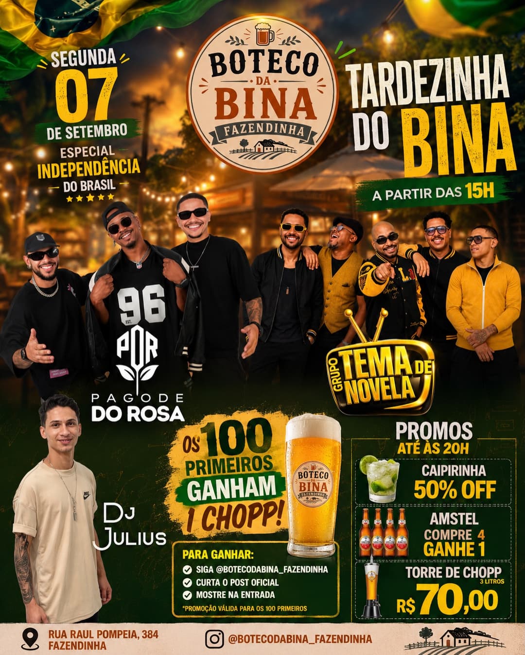 Flyer de Pagode do Rosa, Tema de Novela e DJ Julius