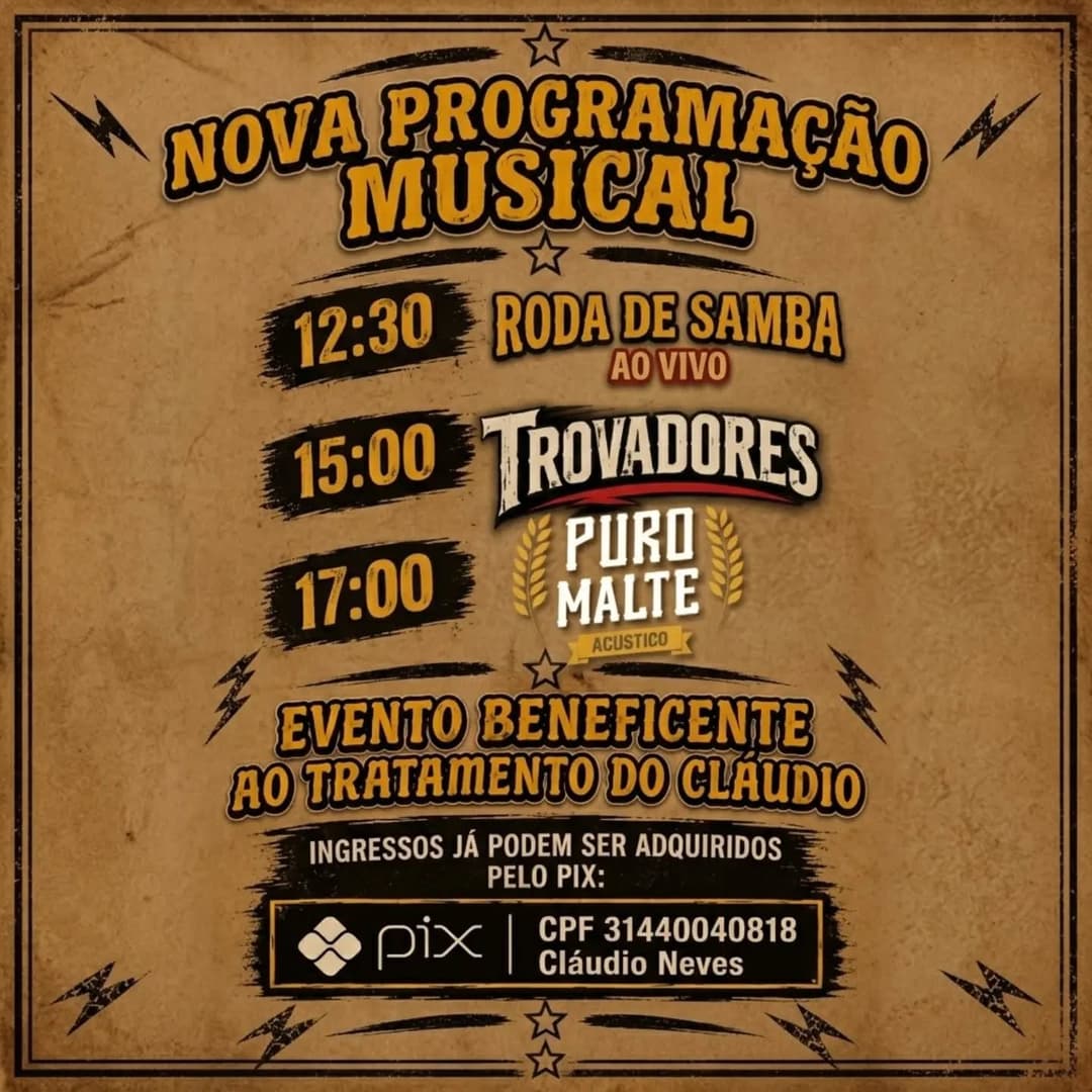 Flyer de Puro Malte Rock, Roda de Samba Ao Vivo e Trovadores