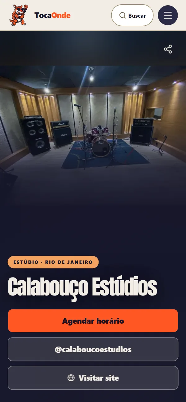 Página do Calabouço Estúdios no TocaOnde, com a foto da sala no topo