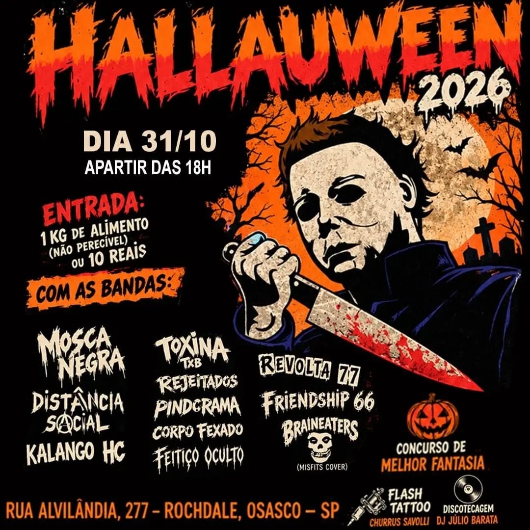 Flyer: Banda Kalango HC, Toxina TxB, Friendship 66, Banda Braineaters, Mosca Negra, Distância Social, Rejeitados, Pindorama, Corpo Fexado, Feitíço Oculto e Revolta 77